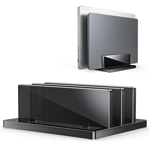 OMOTON Vertical Laptop Stand for Desk, Acrylic Laptop Holder Desktop Clear Adjustable Dock for MacBook Pro Air, HP, All Gaming Laptops up to 17” (Black, Dual Slot) - size: Dual-Black