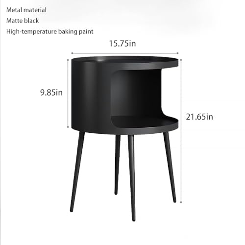 Modern Side Table,Round end Table with Open Storage,Metal nightstand,Bedside Table for Living Room,Bedroom - color: Black-round