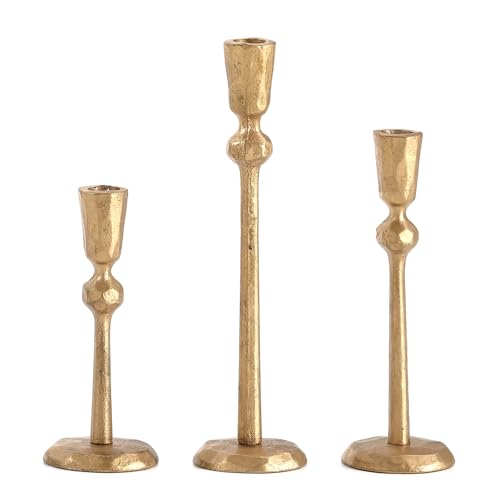 Gold Taper Candle Holders Set of 3, Heavy Candlestick Holders Decorative Candle Stand for Table Centerpiece, Cast Iron Candle Stick Holder Decor - color: Antiqued Gold 3