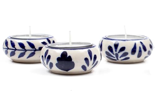 CLEENTABLE Ceramic Tea Light Holders Set of 6 - Handcrafted Candle Holder Bulk - Ideal Fall Decor for Boho Wedding Centerpiece Table, Home Decor & Thanksgiving Indoor (Blue White)