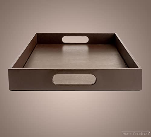 Home Redefined Beautiful Modern Elegant 17.5"x12" Rectangle Classic Brown Faux Leather Decorative Tray Ottoman Coffee Table Perfume Living Room Kitchen Serving Tray with Handles for All Occasion's - color: Brown Leather