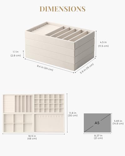 Lolalet Jewelry Drawer Organizer Inserts, Stackable Velvet Tray Jewelry Storage Organizers Set Display Cases for Necklaces Bracelets Earrings Rings Chains Bangles Watches, Mothers Day Gift - color: Beige, size: A5 Size, 4 Packs