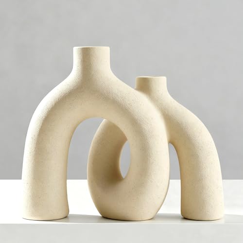 Hug Donut Decorative Vase Set - Beige Vase, Modern Nordic Boho Style Vases Home Decor, Matte Ceramic Decorations for Living Room Shelf, Bookshelf Mantle Entryway Table or Console Décor (Beige) - color: Beige