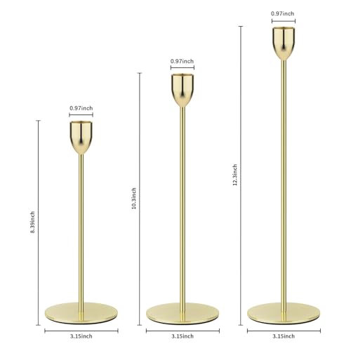 Ohtomber Metal Gold Candle Holder - 3PCS Candlestick Holders, Candlesticks Centerpiece Wedding Table Decor, Fit Pillar 3/4" Thick Tapered & Led Candles - color: Gold
