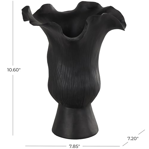 Deco 79 Ceramic Abstract Floral Inspired Vase with Wavy Folded Rim and Linear Grooves, 8" x 7" x 11", Black - color: Black, size: 8" x 7" x 11"