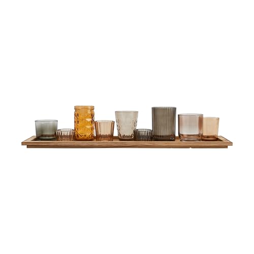 Wood Tray with 9 Brown Glass Votive Holders (Set of 10 Pieces) - color: Browns