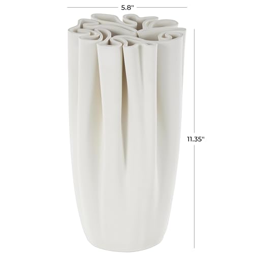 Deco 79 Ceramic Abstract Decorative Vase Ribbed Dimensional Folded Centerpiece Vase with Compact Wavy Rim, Flower Vase for Home Decoration 6" x 6" x 11", White - color: White, size: 6" x 6" x 11"