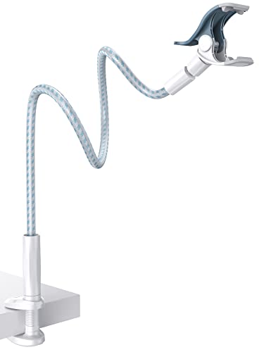 Lamicall Gooseneck Phone Holder Bed - [Nylon Braided] Flexible Arm, Overall Length 38inch, 360 Adjustable Clamp Clip, Overhead Cell Phone Mount Stand for Bed, Blue White - color: blue white