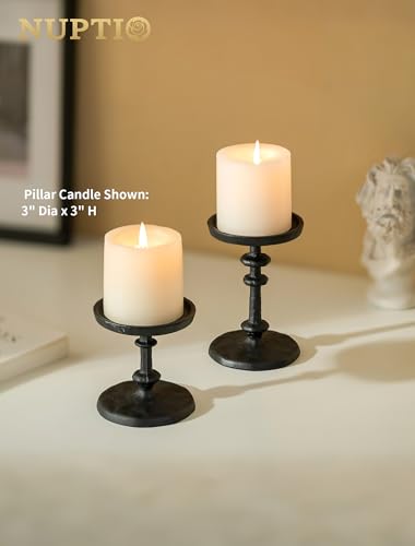 NUPTIO Pillar Candle Holder Black: Solid Cast Iron Candle Stand for 3 Inch Pillars - Handcrafted Hammered Candleholder for Thanksgiving Christmas Fireplace Mantle Decor - color: Black