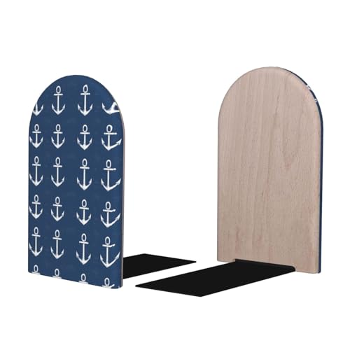 Book Ends for Shelves 1 Pair - Minimalist Anchor White Print Wood with Metal Base Bookends for Heavy Books, Book Stand Organizer Holder for Books Cds Movies for Home Office Decorative