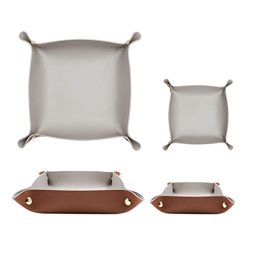 2 Size Leather Valet Tray Organizer, Folding Travel Organizer, Jewelry Tray, For Travel, Home Or Office | Plain Weave, Double Complexion - Brown & Grey - color: Brown & Grey
