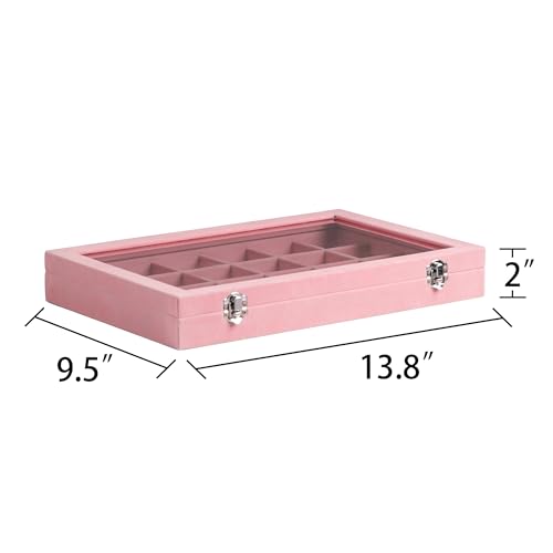Frebeauty Velvet Jewelry Tray,24 Grid Jewelry Organizer with Clear Lid,Earring Holder Organizer with Clasp,Drawer Insert Rings Pendants Brooches,13.8 x 9.5 x 2 Inches,Gift for Women(Pink) - color: Pink, size: 24 Grid