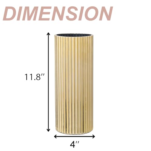 Gold Vase, Ribbed Glass Vase for Flowers, Modern Flower Vases for Tulips, Tall Fluted Vases for Living Room, Dining Table, Office, Wedding, Bookshelf, 11 Inches - color: Gold, size: 12''