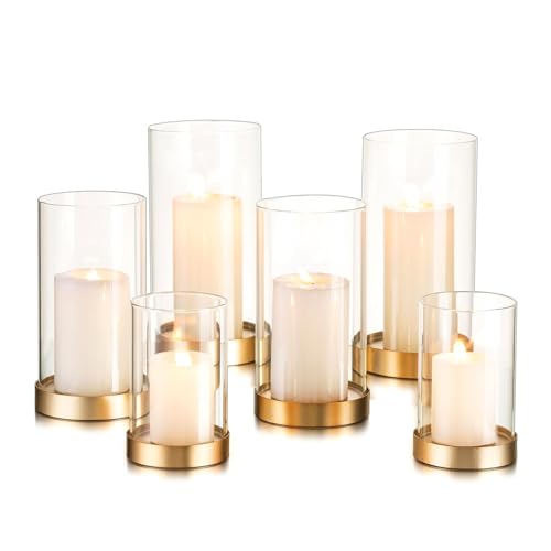 Hewory Hurricane Candle Holder for Pillar Candles: Gold Votive Candle Holders Set of 6, Glass Hurricane with Metal Candle Plate, Pillar Candle Holder for Table Centerpiece Wedding Holiday Home Decor - color: Gold, size: 6PCS