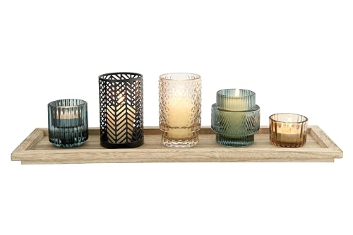 Bloomingville 5-Piece Embossed Glass and Metal Tealight Candle Holders in a Wood Tray, Multicolor