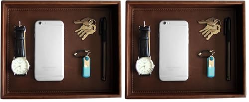 HofferRuffer Decorative Vanity Tray, Desktop Storage Organizer, Catchall Tray, Valet Tray, Nightstand or Dresser Organizer, PU Faux Leather Bathroom Tray, Brown, 10.2 x 8.4 x 1.8 inches (Pack of 2) - color: Brown, size: 10.2" x 8.4" x 1.8" (Pack of 2)