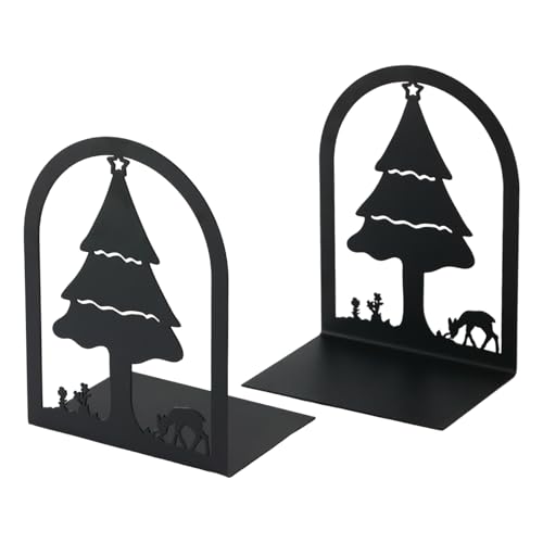 Aertiavty 2 Pcs Bookends for Shelves, Heavy-Duty Morden Tree Book Ends, Non-Skid Metal Bookends, 1 Pair Large Decorative Book Holder for Home and Office, Black Book Stopper, Forest - style: Tree