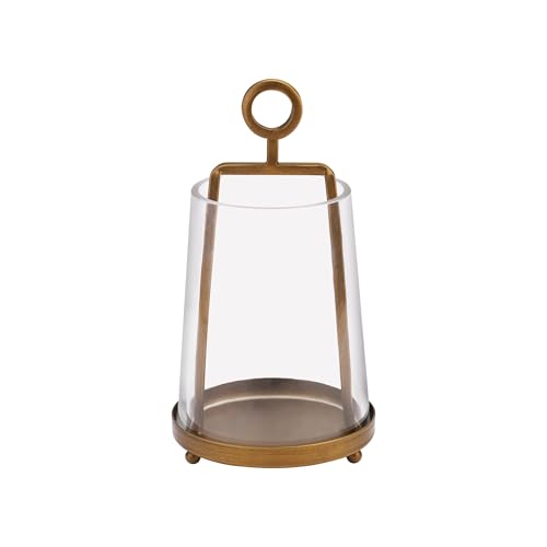 4“ Wide Modern Farmhouse Metal Hurricane Candle Holder with Handmade Sturdy Glass Sleeve in Vintage Brass for 2" Pillar Candle & Plants, Glass Hurricane Lantern, Industrial, Minimalistic - color: Brass, size: 4"x7.5"