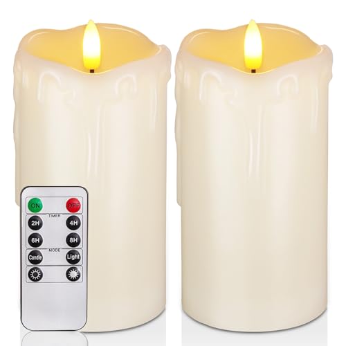 Raycare 6"x3" Dripping Wax Flameless Candles, Battery Operated LED Candles with Remote Control and Timer, Electric Fake Plastic Pillar Candles, Set of 2 - color: D3"xH6"6"-Ivory Wax