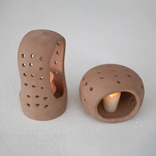 Creative Co-Op Handmade Terracotta Candle Holder with Cutouts - size: 5"L x 5"W x 8"H