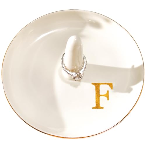 Ceramic Initials Jewelry Tray Ring Dish With Personalized F-Monogrammed Engagement Wedding Gifts, for Birthday Mother's Day for Women, Ceramic White 4.7" x2.4" - style: F