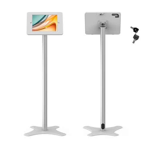 Tablet Floor Stand Compatible with 10.2" iPad 7 8 9, Rotate Lockable Metal Tablet Enclosure+Aluminum Pole+Metal Base - BSF302WT - color: White, size: iPad 7/8/9 (10.2")