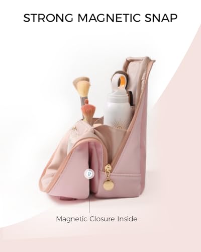Large Standing Makeup Bag, Sturdy PU Leather Cosmetic Organizer with Fold-Down Phone Tray, Waterproof Travel Toiletry Case with Wipeable TPU Brush Holder, 9.5 Inch, Pink - color: Pink