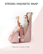 Large Standing Makeup Bag, Sturdy PU Leather Cosmetic Organizer with Fold-Down Phone Tray, Waterproof Travel Toiletry Case with Wipeable TPU Brush Holder, 9.5 Inch, Pink - color: Pink