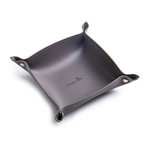 SANQIANWAN Leather Jewelry Valet Tray for Women and Man, Portable Entryway Table Tray Bedside Nightstand Desk Tray Small Catchall Travel Dish Plate for Key,Wallet,Watch,Coin (Deep Grey-B) - color: Deep Grey-b, size: 8×8