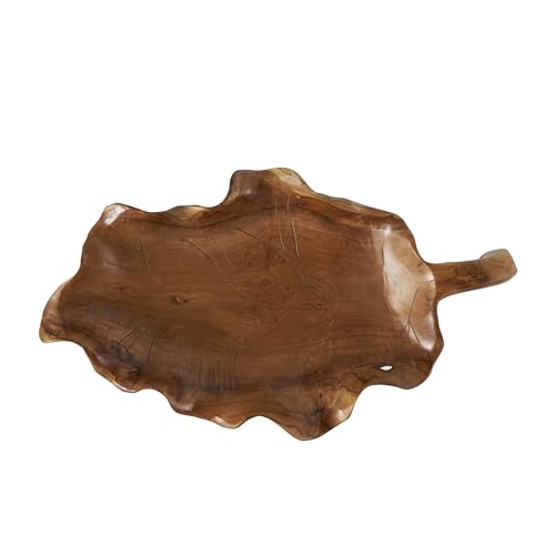 Deco 79 Teak Wood Leaf Decorative Sculpture Floating Home Decor Statue with Black Stand and Base, Accent Figurine 21" x 11" x 10", Brown
