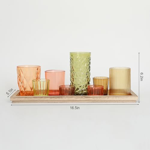 Votive Candle Holders Set with Wooden Tray - 8 Piece Rustic Colored Glass Candlestick & Solid Wood Centerpiece Decor for Mantel, Dining Table, Farmhouse Wedding Decor - color: Colored Candlestick