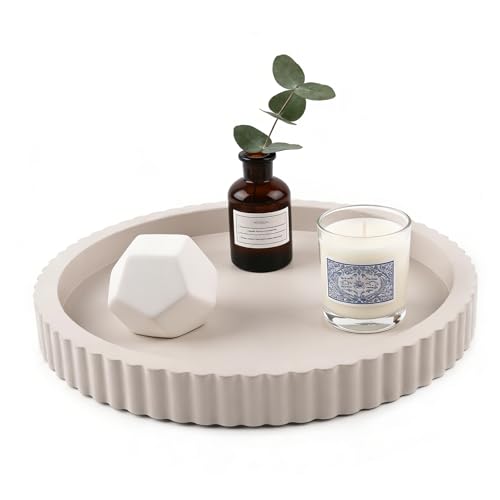 Modern Decorative Tray for Coffee Table, 11" Wooden Gray Beige Round Small Decor Tray for Candle, Perfume, Vanity, Kitchen Island Counter & Table Centerpiece - color: Gray Beige