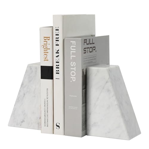 Marble Bookends for Shelves, Decorative Book Ends, 10lbs Heavy-Duty Marble Book Holders, Stone Bookshelf Decor, Carrara White - color: Carrara White, size: 10LB