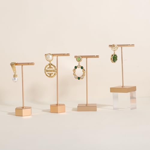 Golden earring display stand for selling, Metal earring T bar holder for show, Jewelry earring storage organizer, jewelry photography props (Hexagon base-Golden-High) - color: Gold, size: High
