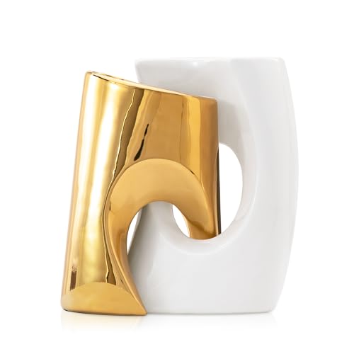 Gold and White Vases Set of 2, Ceramic Flower vase for Pampas Grass, Modern Gold Vases Home Decor, Snuggle Hollow Boho vase Table Centerpieces - color: Gold Cylinder