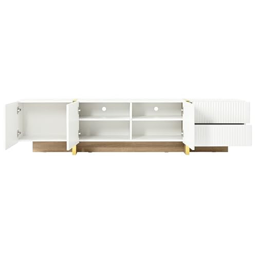 ON-TREND Luxury Fluted TV Stand for TVs Up to 80'', Modern Entertainment Center with Storage Cabinets & Drawers, Smooth Media Console with Golden Wood Grain Legs for Living Room, White - color: White4