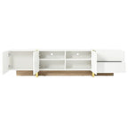 ON-TREND Luxury Fluted TV Stand for TVs Up to 80'', Modern Entertainment Center with Storage Cabinets & Drawers, Smooth Media Console with Golden Wood Grain Legs for Living Room, White - color: White4