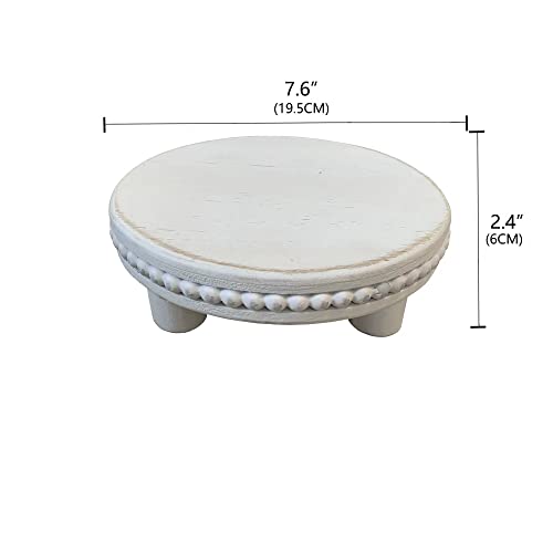 Farmhouse Beaded Wood Pedestal Tray Decor, 7.6” Round Vintage Display Stand, Decorative Accent Display Riser for Kitchen, Bathroom Small Items (White)