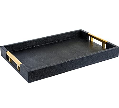 Modern Elegant 17.5"x12" Rectangle Black Glossy Shagreen Faux Leather Decorative Tray Ottoman Coffee Table Perfume Living Room Kitchen Serving Tray with Gold Polished Metal Handles by Home Redefined - color: Black/Gold