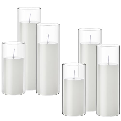 Shihanee Set of 6 Pillar Candles with Glass Cylinder Vases Clear Cylinder Hurricane Candleholders for Slim Tall Pillar Candles Wedding Table Centerpieces(3.4'' X 7", 9.8", 11.8",White) - color: White, size: 3.4'' X 7", 9.8", 11.8"