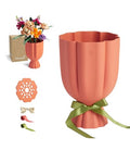 Bouquet Vase for Lego & Crafted Flowers - Flower Arrangement Vase with Floral Grid & Ribbons, Impact Resistant, BPA-Free ABS Plastic, Home Decor Gift for Lego & Flower Lovers (Terracotta Orange)