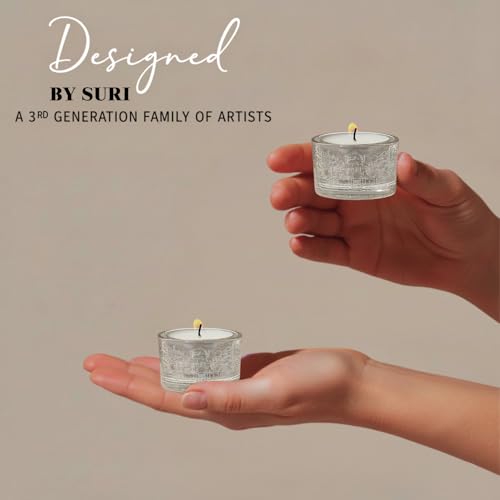 SURI Jerusalem Design Glass Shabbat Tea Light Candle Holder Set of 2 – Modern Judaica Home Décor - color: Silver (Jerusalem), size: Short