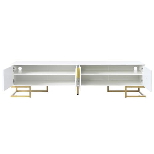 ON-TREND Modern TV Stand with Metal Legs and Gold Handles for TVs Up to 80'', Media Console Table with Cabinets and Adjustable Shelves, Luxury TV Cabinet with Geometric Lines for Living Room, White - color: White+gold1