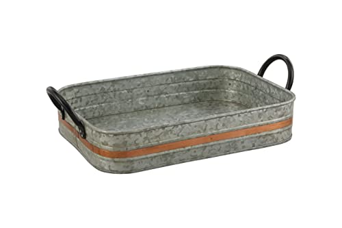 Galvanized Metal Serving Trays Iron Black Handles, Farmhouse Tray with Copper Strip, Decorative Centerpiece for Coffee Table or Dining Table, Rustic Utility Tray for All Purpose, Rectangular Trays - size: 17" x 9.5" x 2"