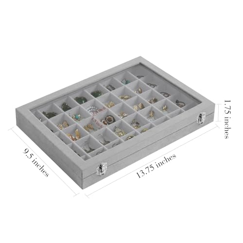 Stratalife Jewelry Organizer 40 Grid Jewelry Tray with Lid Dust-proof Velvet Earring Organizer Ring Holder Necklaces Earrings Storage Drawer Accessories Box for Women Gray - color: Gray, size: 40 Grid