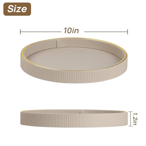 Round Decorative Tray for Coffee Table Decor, PU Leather Coffee Table Tray Golden Trim for Home Decor Living Room Dining Table, Perfume Trays Nightstand Organizer (Beige) - color: Beige