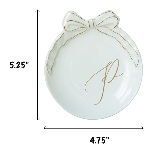 COLLECTIVE HOME - Personalized Initial Ceramic Jewelry Tray with Bow, Christmas Gift Ideas for Women, Small Gift for Girlfriend Wife, Ring Holder, Earrings Dish, Birthday Gift for Her (P) - color: P