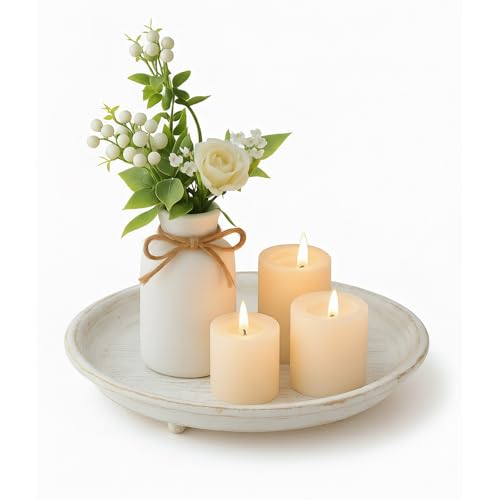 10-inch Candle Plate Holder Tray & 30-inch Wooden Bead Garland with Tassels, Farmhouse Decorative Tray, Rustic Country Home Decor - White - color: White