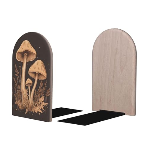 Wood Book Ends Non-Skid Bookends Vintage Line Mushroom Book Ends for Shelves Modern Book Holder Decorative Bookends for Office Home 1 Pair - color: Vintage Line Mushroom