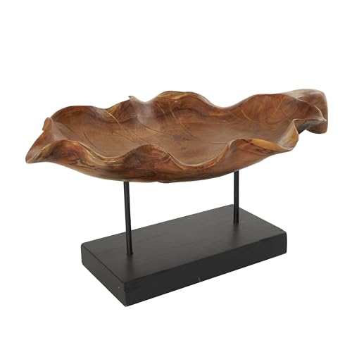 Deco 79 Teak Wood Leaf Decorative Sculpture Floating Home Decor Statue with Black Stand and Base, Accent Figurine 21" x 11" x 10", Brown